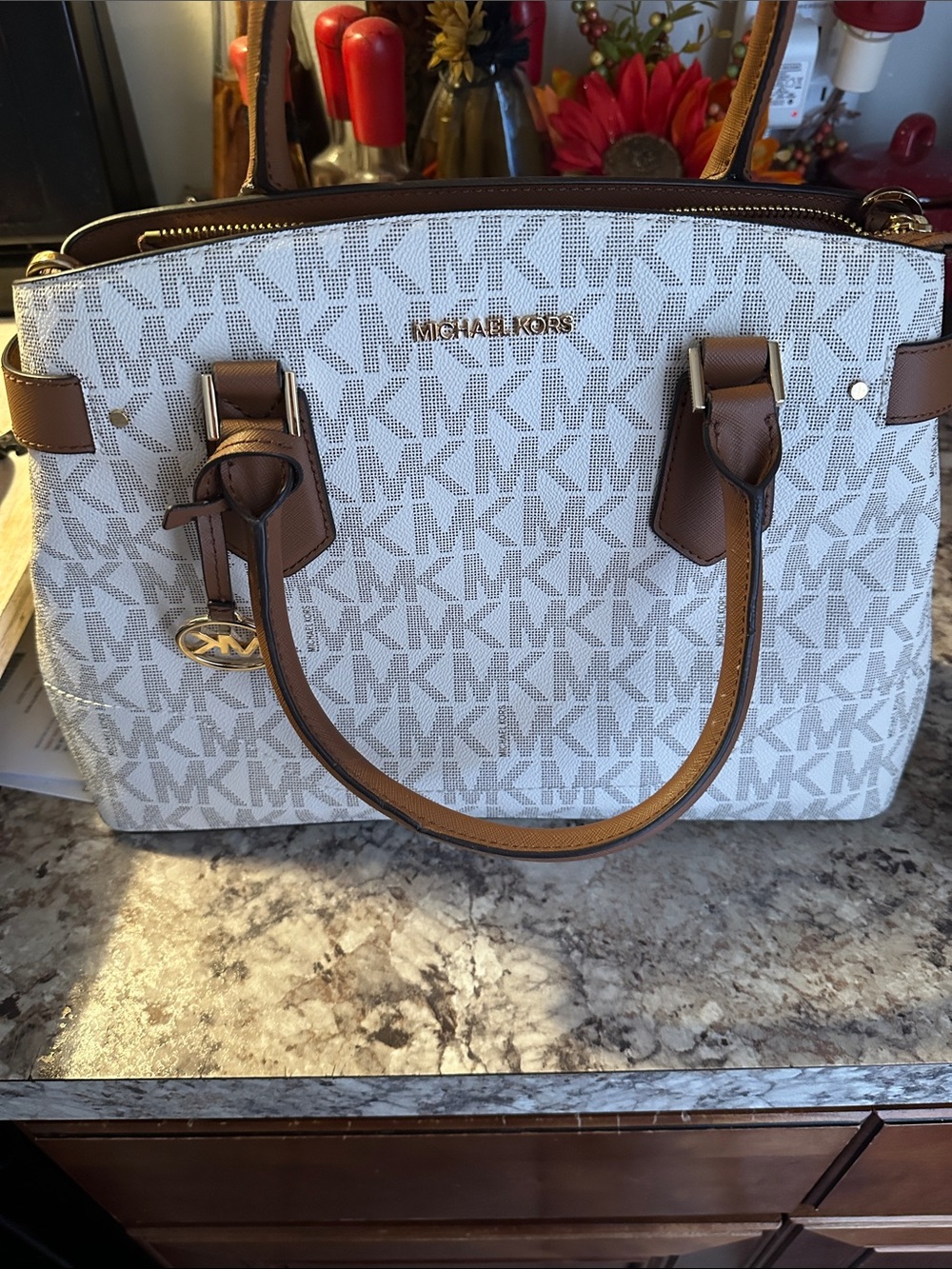 Michael Kors White MK Logo Satchel with Brown Trim